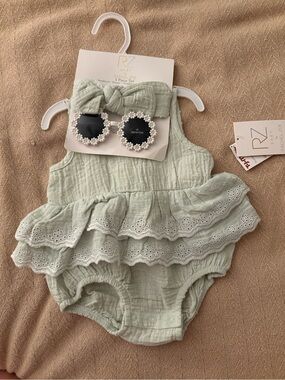 Rachel Zoe Sage Green Ruffle Baby Romper with Headband & Sunglasses